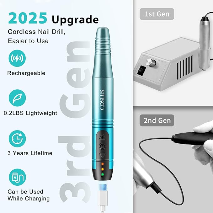 COSLUS Cordless Nail Drill Electric File: Professional for Acrylic Gel Dip Powder Nails Portable Nail Drill Machine Kit for Manicure Pedicure Nail Set with Everything Rechargeable Lightweight Blue