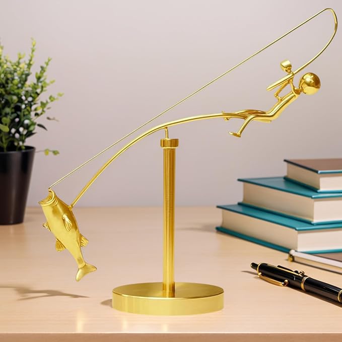 Kinetic Fishing Sculpture, Balance Art for Your Space, Metal Fishing Statue Home Office Desktop Ornament for Home Office Art Deco-D