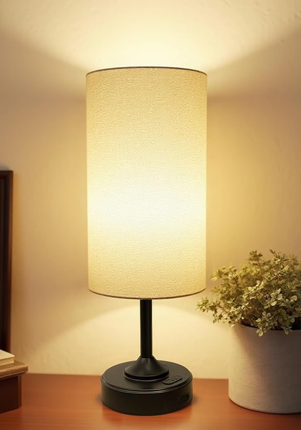 Battery Operated Lamp, Dimmable, 2700K, Timer, Touch Control, Portable, LED, Wireless, Rechargeable, Cordless, Desk Lamp, Kitchen Lamp, Fabric Shade, for Dining Room, Bedroom, Living Room, Dorm