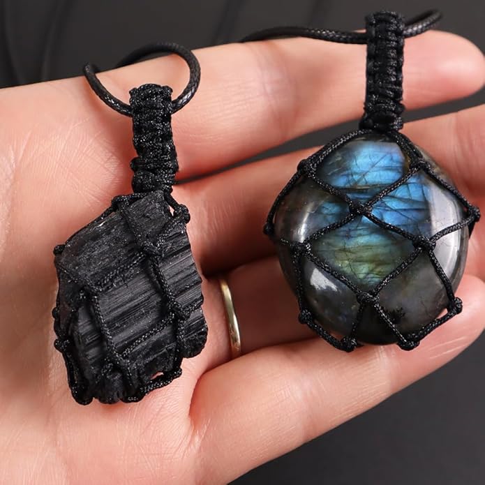 Handmade Natural Gemstone Crystal Pendant Necklace Stone Holder Necklace Cord Net Necklace with Adjustable Length for Women Men