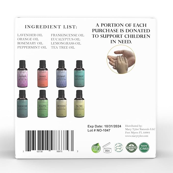 Essential Oils Set, Top 8 x 10 ml Each, Lavender Peppermint Orange Lemongrass Rosemary Eucalyptus Tea Tree Frankincense Therapeutic Grade, for Aromatherapy, Diffuser, DIY by Mary Tylor Naturals