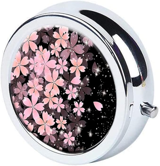 Cherry Flowers Pill Box Purse Pocket Small Round Silver Pill Case Decorative Box Metal Medicine Vitamin Pill Organizer Portable Unique Gift