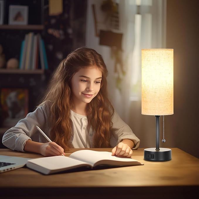Bedside Table Lamp for Bedroom, 3-Color Small Lamps with Pull Chain, Bedroom Table Lamps for Night stands,Desk Reading Light AC Outlet Nightstand Lamp for Living Room Decor/Dorm/Office Bulb Included