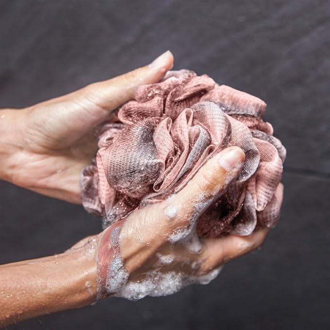 Loofah Back Scrubber for Shower | Bamboo Charcoal Fiber Infused | Loufas for Men & Women | Includes 1 Long Handled Shower Sponge, 1 Bath & Shower Luffa Pouf & 1 Hook to Hang Stuff (Rose Pink)