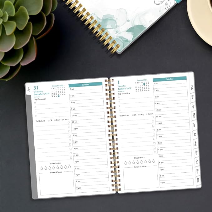 2026 Daily & Monthly Planner - One Page Per Day, Daily Planner 2026 from January 2026 to December 2026, Planners 26 with 12 Monthly Tabs, 6.4" x 8.5", Teal Flowers