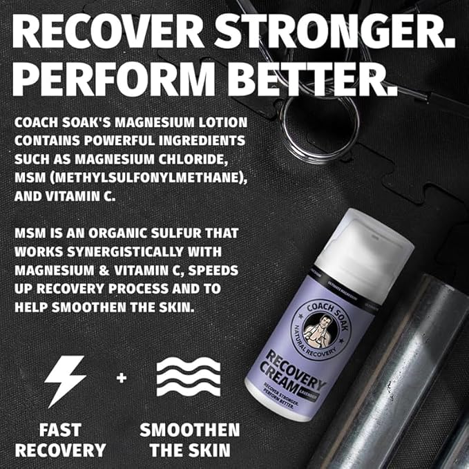 Coach Soak Topical Magnesium Lotion with MSM - Natural Recovery Cream with Magnesium Chloride, Vitamin C & Menthol, Rapid Absorption & Relaxation for Sore Muscles, Lavender (3 Pack, Total 10oz)