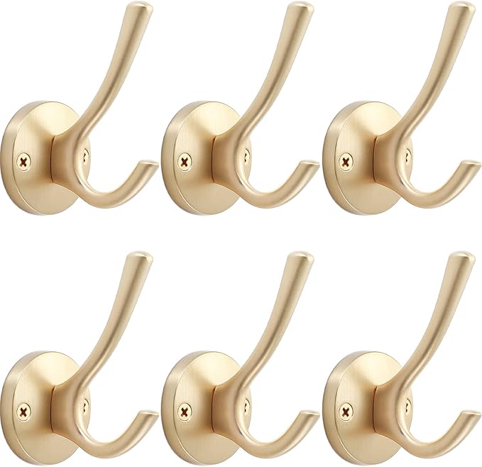Gold Wall Hooks, 6 Pack Coat Robe Hook Heavy Duty Metal Double Bath Hook Wall Mounted, Hand Towel Hooks for Cubicle Bathroom Kitchen Closet Garage