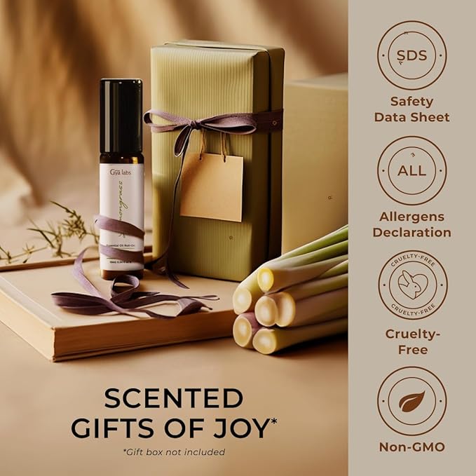 Gya Labs Lemongrass Essential Oil Roll On - 0.34 Fl Oz - Travel Size Roller for Camping, Skin, Aromatherapy Relief, Convenience