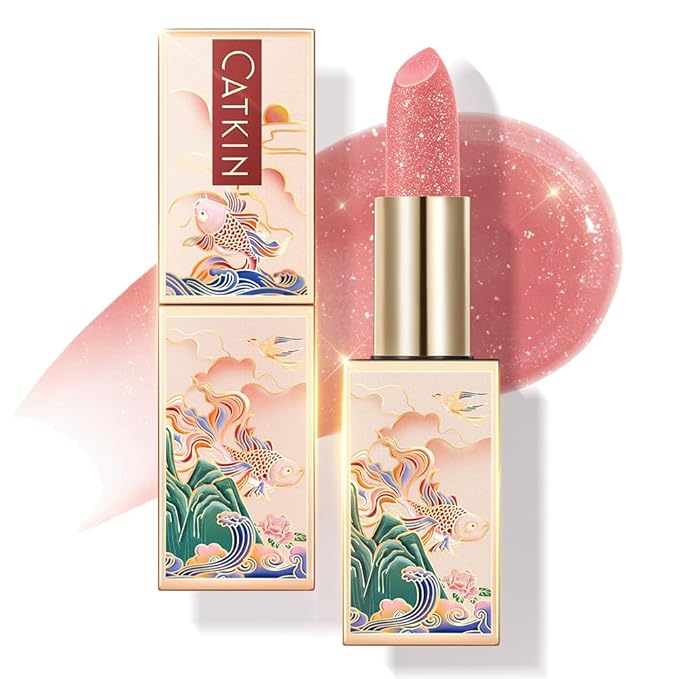 CATKIN Tinted Lip Balm Glitter Lip Stain Ultra Hydrating Lip Moistrurizer Chapstick with Vitamin E Nourishing For Cracked & Dry Lips 0.12 oz C10 Venus - Peach Pink