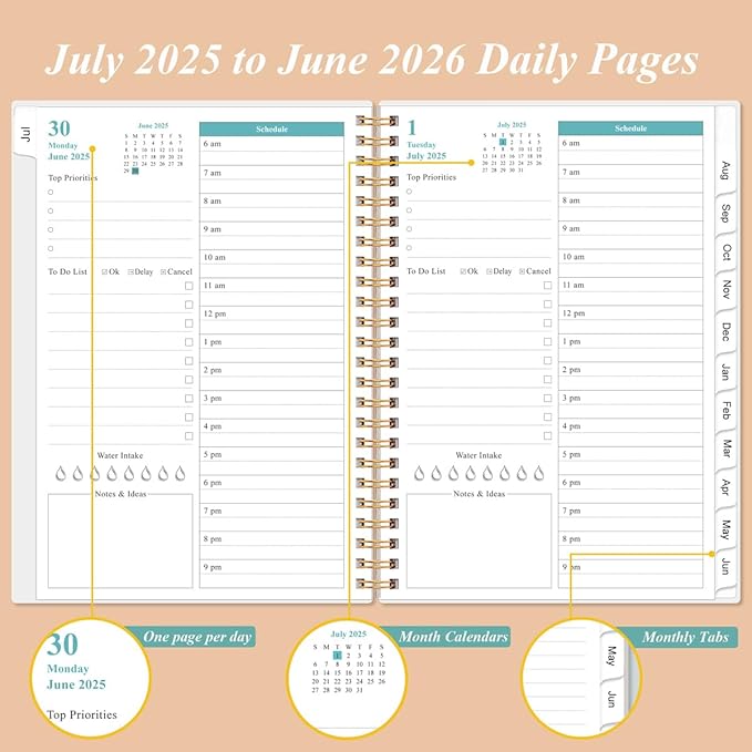 2025-2026 Daily & Monthly Planner - One Page Per Day, Daily Planner 2025-2026 from July 2025 to June 2026, Planner 25-26 with 12 Monthly Tabs, 6.4" x 8.5", Rose Leaf