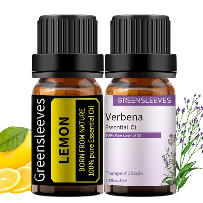 GREENSLEEVES Verbena Lemon Essential Oil Set, 2 x 10ml Pure Plant-Based Fragrance Oil for Aromatherapy, Essential Oils for Diffuser, Massage, Bath Bomb, Scented Candle Soap Making