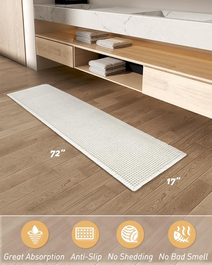 AMOAMI Upgraded Waffle Runner Rug Super Absorbent Non Slip Bath Mats for Bathroom Machine Washable Bathroom Runner Rug with Tassels, Ideal for Hallway Bedroom Laundry Room, 17" x 72", White
