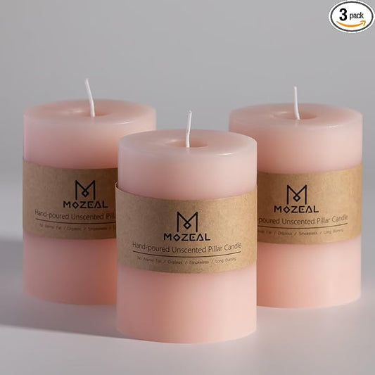 MOZEAL 3" x 4" Hand-Poured Unscented Blush Candle, Dripless Light Pink Pillar Candle Set of 3, Long Clean Burning, Approx 72 Hours Burn Time, Rustic Country Style Decor, Pearl Blush Rose