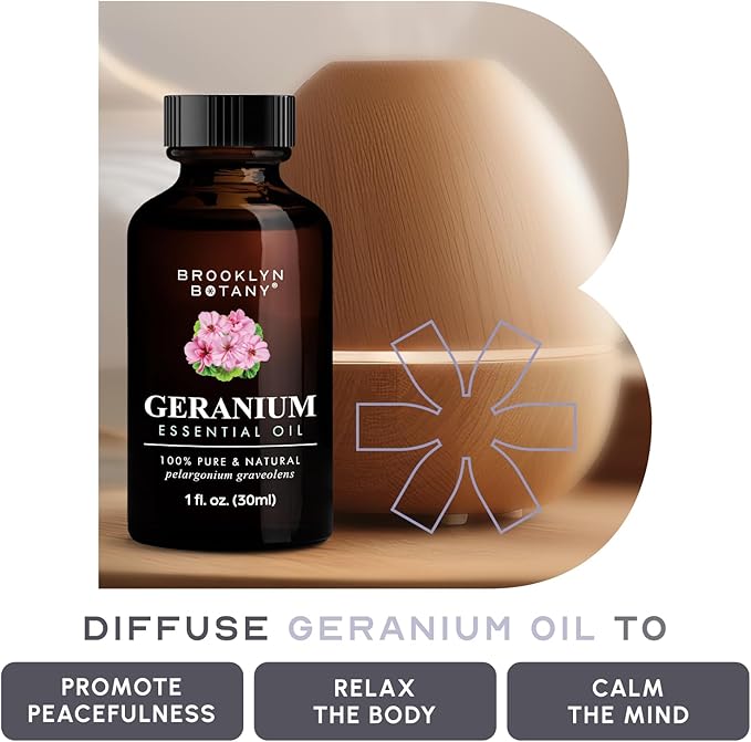 Brooklyn Botany Geranium Essential Oil - 100% Pure and Natural - Premium Grade Oil with Dropper - for Aromatherapy and Diffuser - 1 Fl Oz