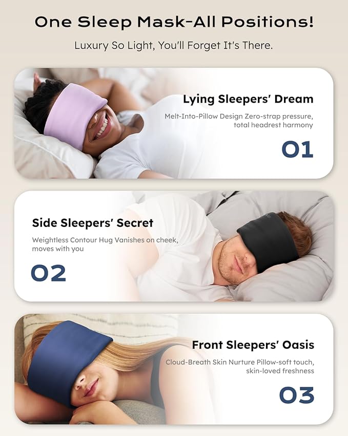 Dual-Sided Sleep Mask for Side Sleepers, Soundless Velcro, Bamboo Fiber & Milk Silk Eye Mask, Zero Pressure Sleeping Mask for Women & Men, Eye Relief Blindfold for Nap, Travel Essentials, Purple