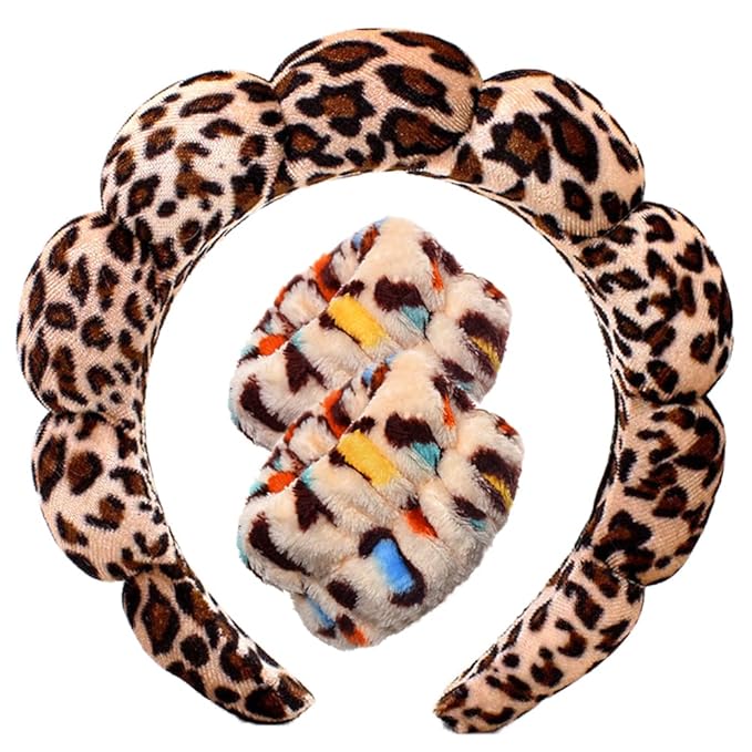 Spa Headbands for Washing Face Wristband Set Sponge Makeup Skincare Headband Wrist Towels Bubble Soft Terry Towel Cloth Hairband for Women Puffy Headwear Non Slip Thick Thin Hair Headwear (Leopard)