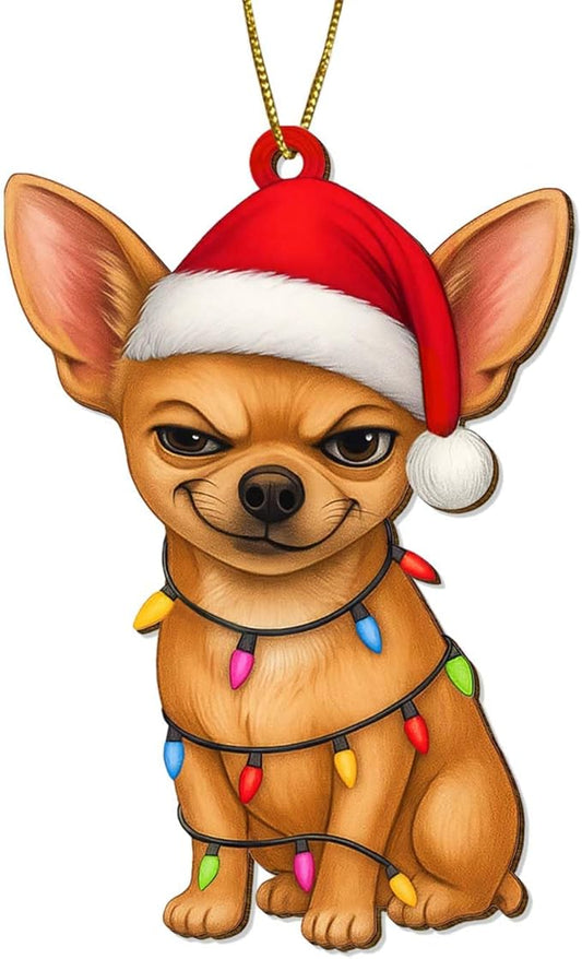 2 Side Printed Flat Christmas Wooden Ornaments, Animal Keepsake Hanging Tree Decoration, Santa Chihuahua Ornament