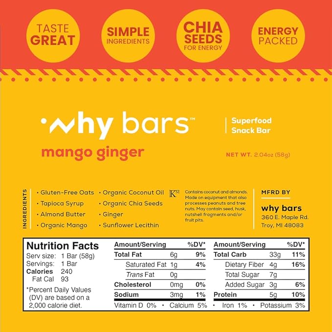 Why Bars, Protein Bars, Mango Ginger, 2.04 Ounce Bars (Pack of 12 Protein Bars) - Protein Bar Superfood, Gluten Free, Non GMO, Organic, Vegan, Simple Ingredients