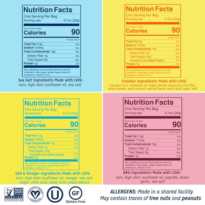 LOVE CORN Family Favorite - Sea Salt, BBQ, Salt & Vinegar, Cheddar 0.7oz x 20 - Delicious Crunchy Corn - Healthy Family Snacks - Gluten Free, NON-GMO - Alternative for Chips, Nuts, Crackers & Pretzels