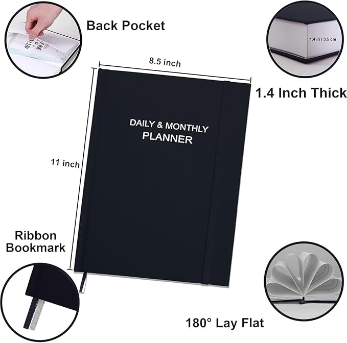 Daily & Monthly Planner for 2025 2026 or Anytime - ADHD Planner Two Pages Per Day, Daily Planner Undated to Increase Focus, Eliminate Overwhelm, Achieve Your Biggest Goals, 8.5'' × 11'', Black