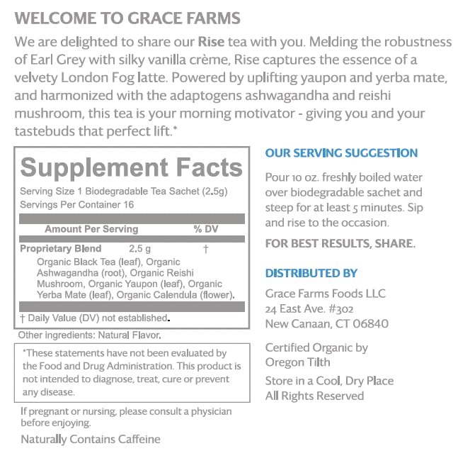 Grace Farms RISE Wellness Organic Tea Blend (100 Enveloped Pyramid Sachets w/ String & Tag) | Morning Energy & Focus | Earl Grey Crème with Adaptogenic Mushrooms and Ashwagandha | Fairtrade and Kosher | Gives Back 100% of Profits