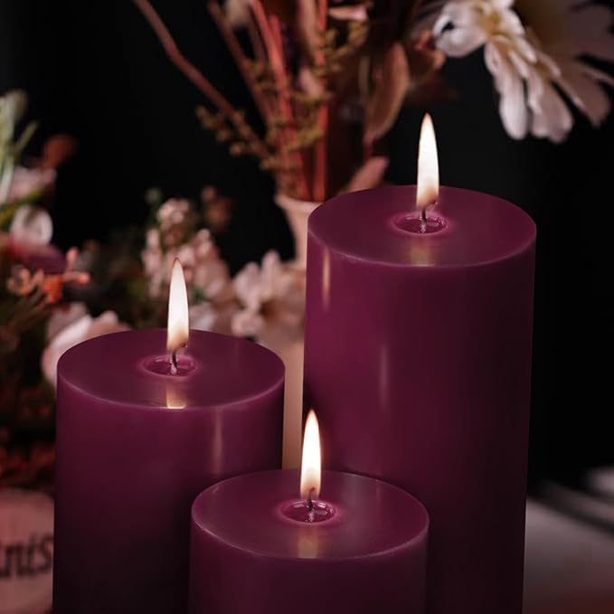 KONNI Purple Pillar Candles Set of 3, 3"x 6" Unscented Pillar Candles Bulk, 56 Hours Long Burning Candles, Smokeless&Dripless Large Round Candle for Wedding, Home Decoration, Parties, Spas, Dinner