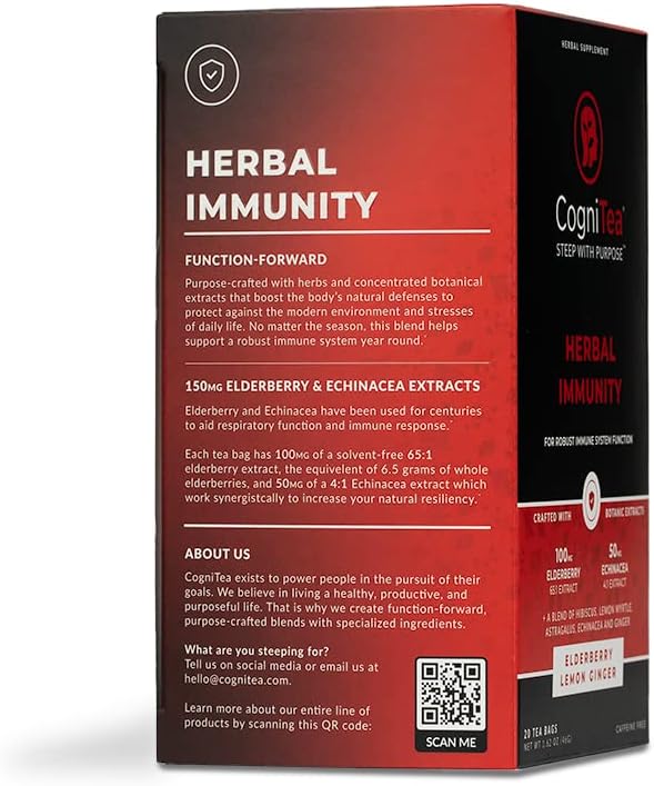 CogniTea Herbal Immunity Tea - Immune System Booster - 100mg High- Potency Elderberry, 50mg Echinacea, Lemon, & Ginger Organic Herbal Tea Bags - Caffeine Free Immunity Boost