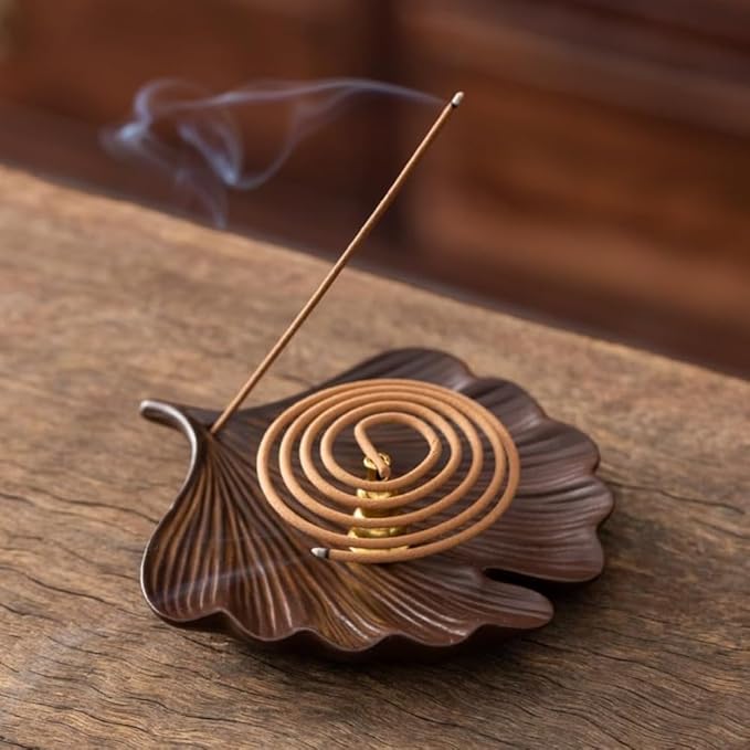 2-Style Ceramic Incense Burner, Bodhi&Ginkgo Leaf Design, Ceramic Incense Holder for Sticks with Ash Catcher&Built-in Stand, Zen Meaning Decor for Home, Office&Yoga/Sage/Cone(Brown and White)