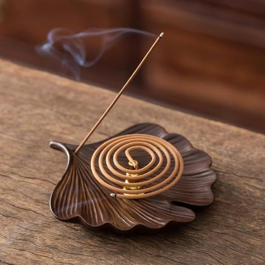 2-Style Ceramic Incense Burner, Bodhi&Ginkgo Leaf Design, Ceramic Incense Holder for Sticks with Ash Catcher&Built-in Stand, Zen Meaning Decor for Home, Office&Yoga/Sage/Cone(Brown and White)