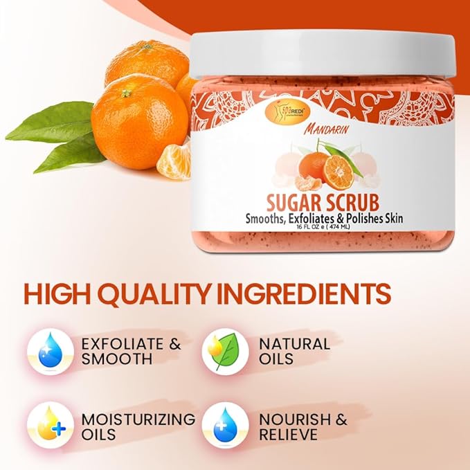 SPA REDI – Sugar Body Scrub, Mandarin, 16 Oz, Exfoliating, Moisturizing, Hydrating and Nourishing, Glow, Polish, Smooth and Fresh Skin - Body Exfoliator