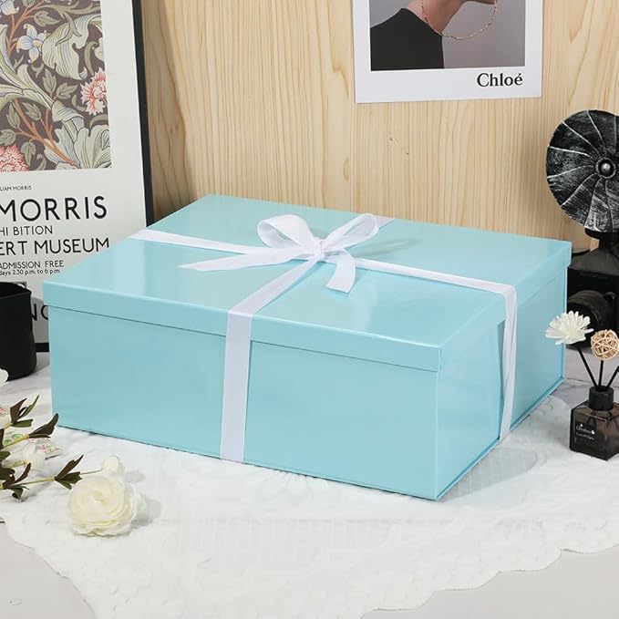 Extra Large Gift Box with Lid 17x13x6 Inches, Blue Gift Boxes for presents Packaging for Birthdays, Valentine's Day, Christmas, Anniversaries (Include Shredded Paper Fill, Envelope Card Ribbon)