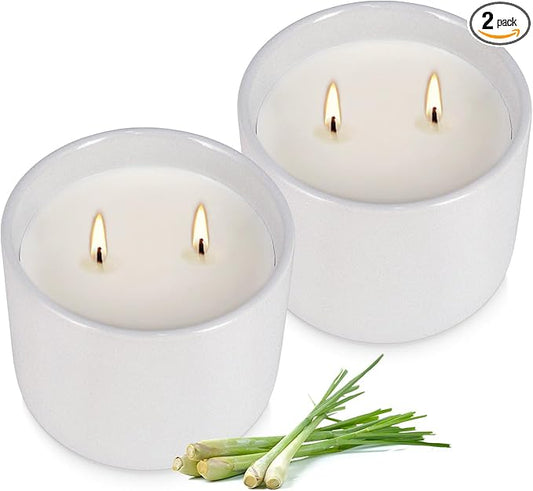 2-Pack Large Citronella Scented Candles - White Ceramic Double-Wick, Natural Soy Wax, Decorative Geometric Jar for Patio, Garden & Outdoor Decor