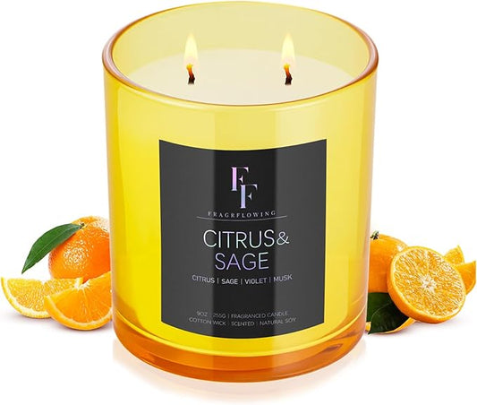Citrus & Sage Scented Candle, 2-Wick Luxury Soy Wax Candle, 9 oz Aromatherapy Candle Home Fragrance Candles Gift