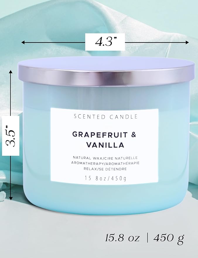 Grapefruit Vanilla 3-Wick Scented Soy Candle, 15.8 oz - Aromatherapy Citrus & Vanilla Candle, Long-Lasting Clean Burn, Strong Throw