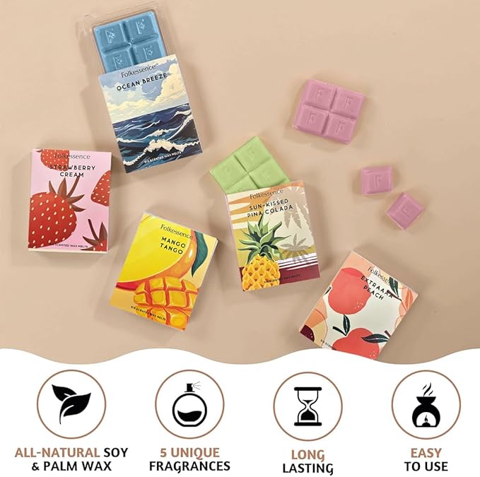 Folkulture Wax Melts or Wax Cubes | Set of 5, 30 pc Long Lasting with 5 Fragrances | Candle Warmer Wax Melts | 100% Natural Soy and Palm Scented Wax Cubes for Gifts for Her