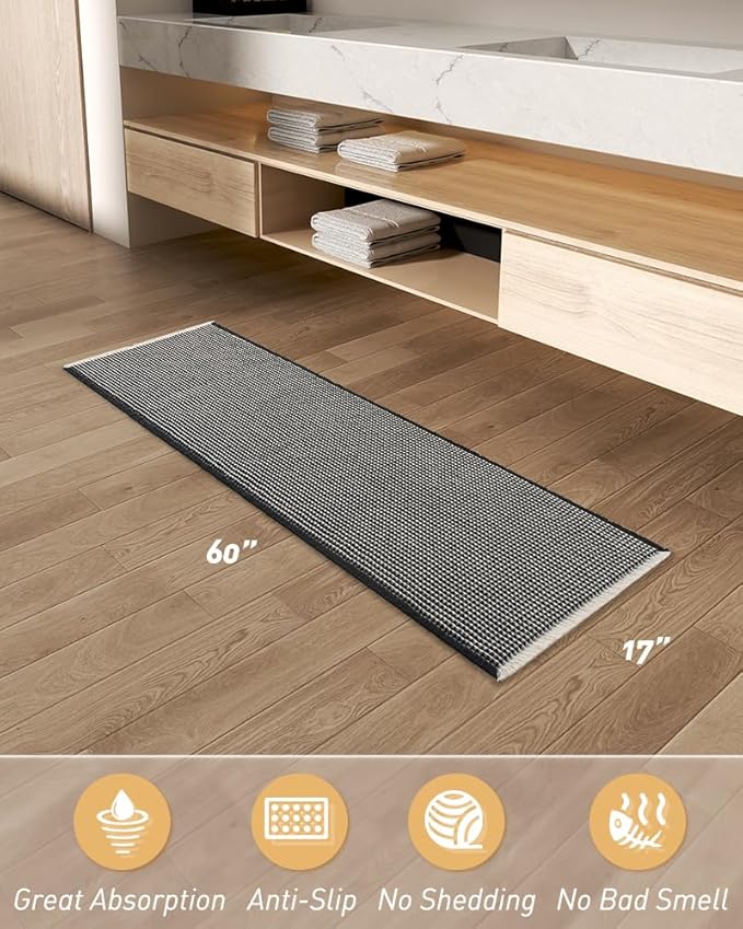 AMOAMI Upgraded Waffle Runner Rug Super Absorbent Non Slip Bath Mats for Bathroom Machine Washable Bathroom Runner Rug with Tassels, Ideal for Hallway Bedroom Laundry Room, 17" x 60", Black & Cream