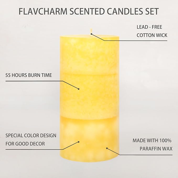 3 x 6 Inches Pillar Candles Lemongrass Scented Yellow Decorative Rustic Candles Citrus Scent Clean Burning Hand-Poured Large Candles for Home Aesthetic Relax Spa Bathroom Wedding Decor