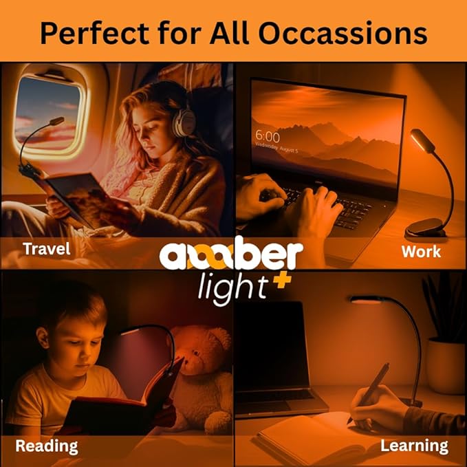 Amber Light + Giftable Amber Book Light - Blue Light Blocking - Night Reading Booklight Store. Rechargeable. 1600K for Reading in Bed at Night. Perfect as a Giftable Kindle Light and LED Book Light.