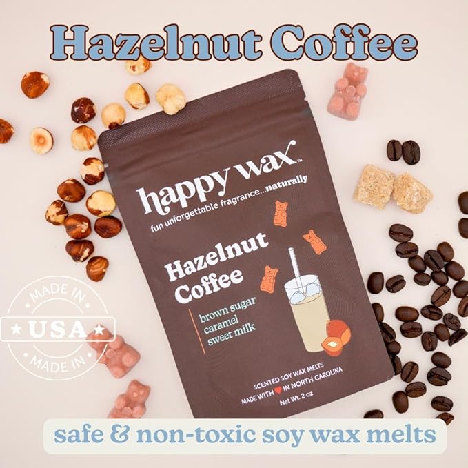 Happy Wax Hazelnut Coffee Scented Bear Wax Melts - Natural Strong - Infused with Essential Oils - Non Toxic & Pet Safe - (8 oz Pouch)