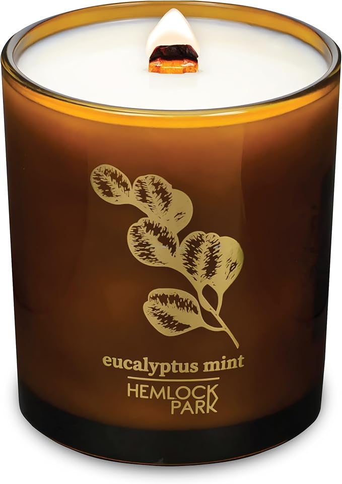 Hemlock Park Wood Wick Candle Handcrafted with Natural Coconut Wax and Essential Oils (Amber & Gold 14 oz, Eucalyptus Mint)
