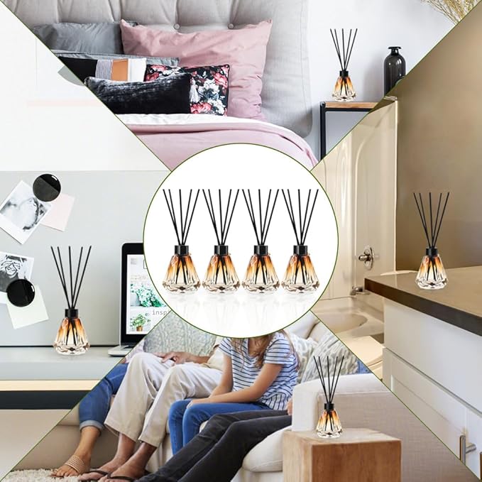 Reed Diffuser Set - 4 Empty Bottles With 20 Sticks, Delicate Gold Leaf Decor, Glass Fragrance Diffuser With Lids for Home, Bathroom | Refillable, Diamond Style Black