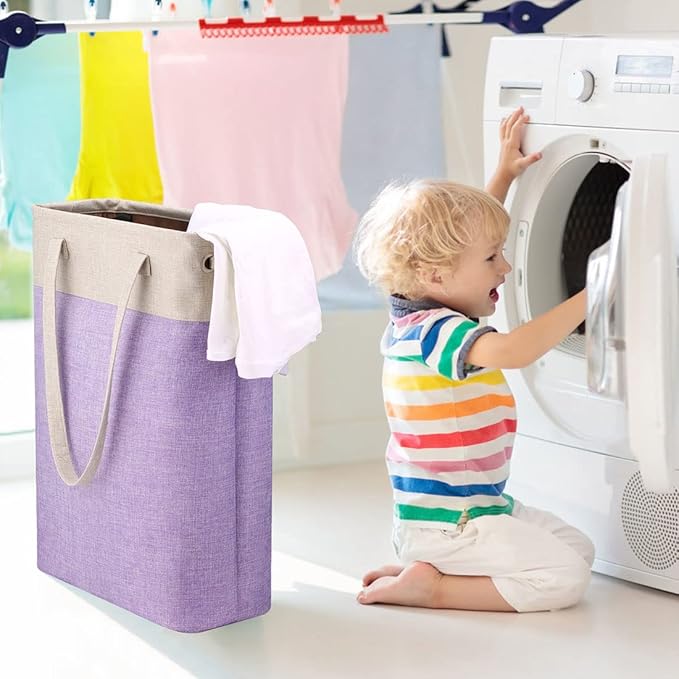 i BKGOO Laundry Basket with Handles Beige&Purple Slim Laundry Bin Collapsible Dirty Clothes Basket Narrow Laundry Bag Foldable Dirty Hamper for Camping, Dorms, Apartments