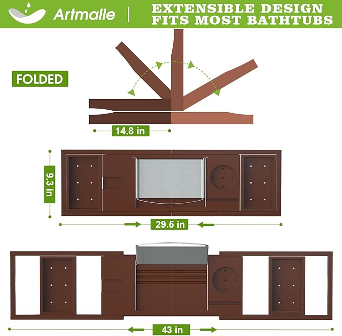 Bathtub Caddy Tray for Tub, Foldable Bamboo Bath Table Tray with Book and Wine Glass Holder, Expandable Bathroom Accessories with Free Soap Dish Suitable for Luxury Spa or Reading, Brown