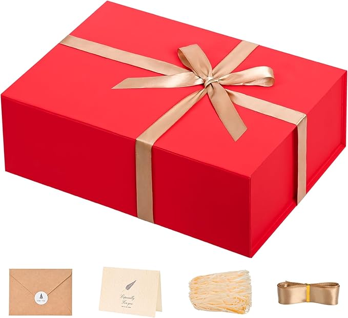 LIFELUM Red Gift Box 13.85 x 8.35 x 4.45 inch Large Gift Boxes with Magnetic Closure Luxury for Gifts Box Contains Card, Ribbon, Shredded Paper Filler Wedding, Christmas, Halloween, Birthday