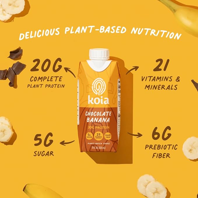 Koia Plant Based Protein Shake, Chocolate Banana, 20g Protein, 5g Sugar, 6g Prebiotic Fiber, 21 Vitamins & Minerals, Meal Replacement Drinks, Dairy-Free, Gluten-Free, Non-GMO, 11 Fl Oz (Pack of 12)