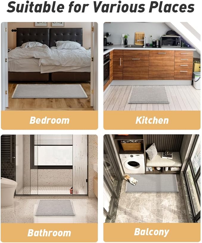 AMOAMI Upgraded Waffle Runner Rug Super Absorbent Non Slip Bath Mats for Bathroom Machine Washable Bathroom Runner Rug with Tassels, Ideal for Hallway Bedroom Laundry Room, 2' x 6', LightGrey & Cream