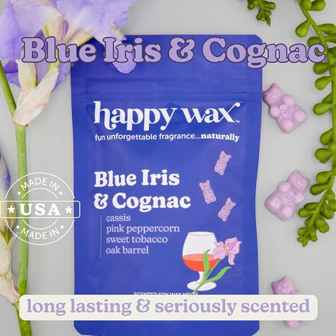 Happy Wax Blue Iris & Cognac Scented Bear Wax Melts - Natural Soy Strong Spring Scented Wax Melts Infused with Essential Oils - Non Toxic & Pet Safe for Warmers (8 oz Pouch)