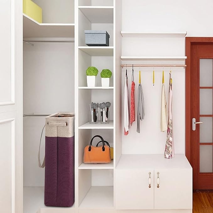 i BKGOO Laundry Basket with Handles Beige&Burgundy Slim Laundry Bin Collapsible Dirty Clothes Basket Narrow Laundry Bag Foldable Dirty Hamper for Camping, Dorms, Apartments