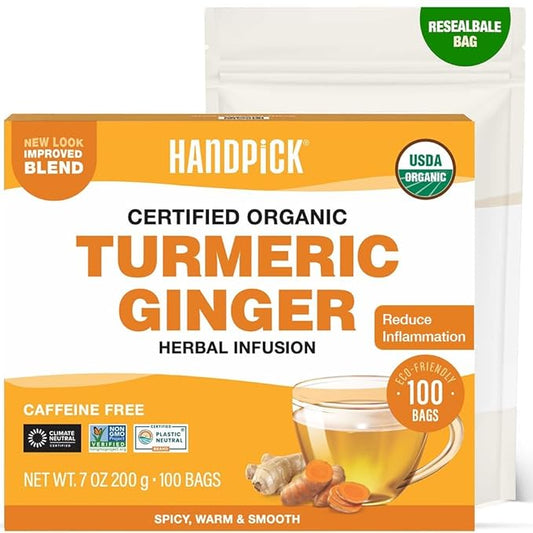 HANDPICK, Organic Turmeric Ginger Tea (100 Tea Bags) | Authentic Indian Origin | Caffeine Free, Gluten Free, Non-GMO | 100% Pure Herbal Blend - Savory & Spicy I Ecofriendly round tea bags