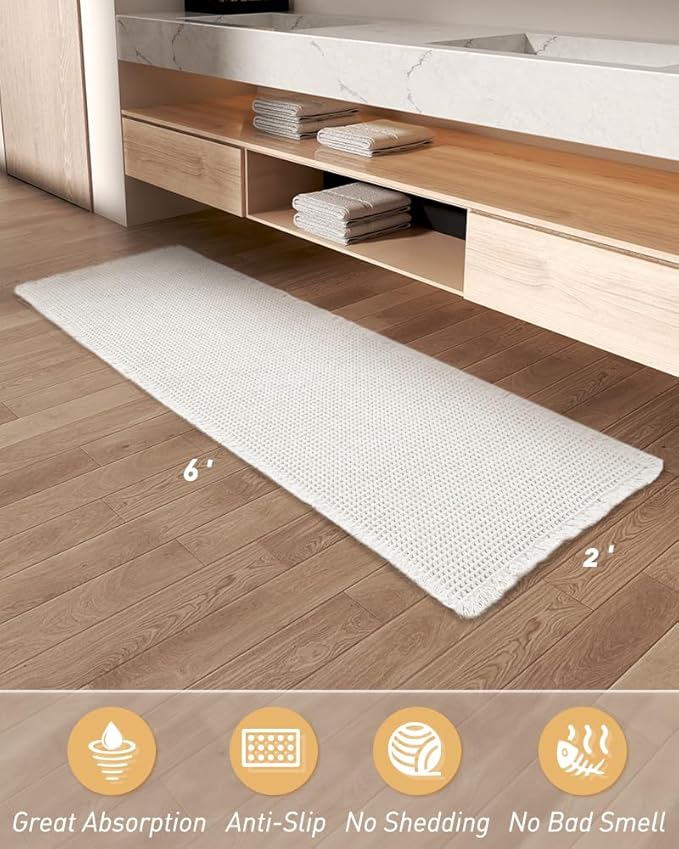 AMOAMI Upgraded Waffle Runner Rug Super Absorbent Non Slip Bath Mats for Bathroom Washable Boho Bathroom Runner Rug with Tassels, Ideal for Hallway Bedroom Laundry Room, White, 2' x 6'